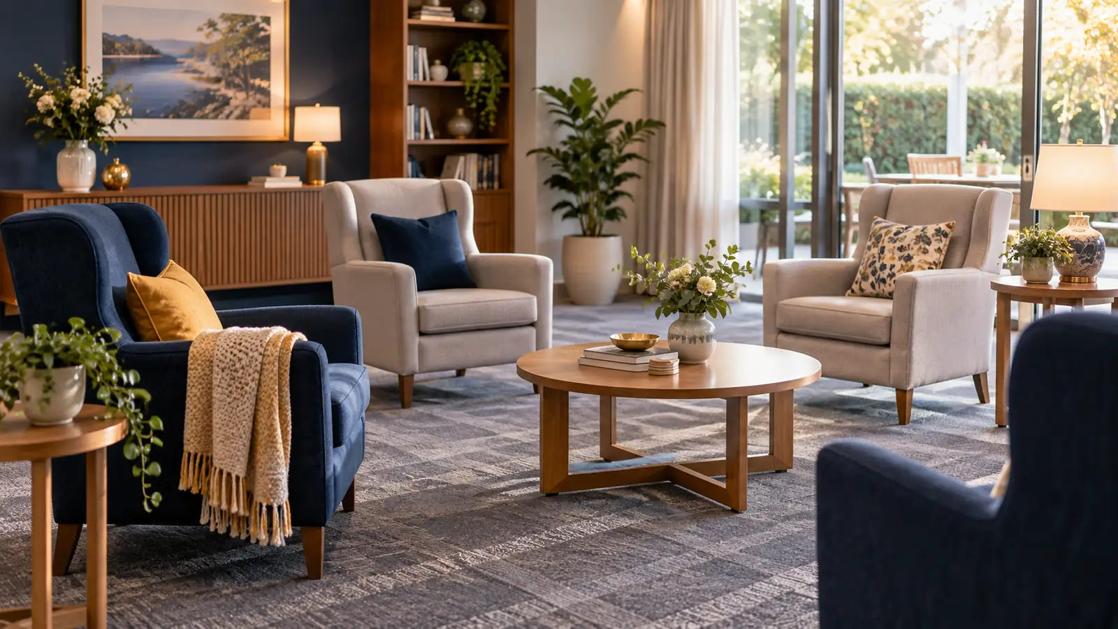 Shared lounge in an aged care home with armchairs and a coffee table