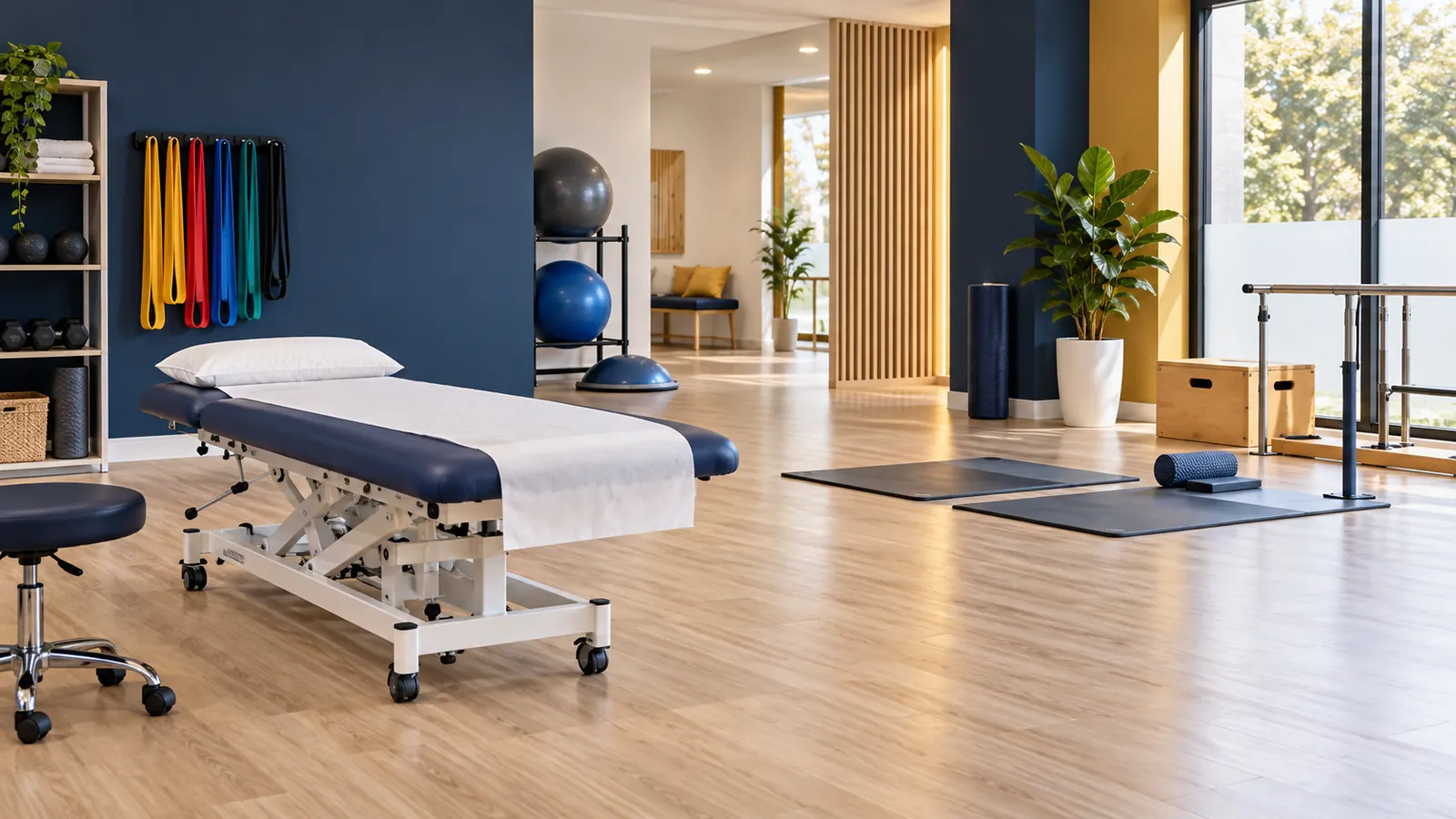 Physiotherapy treatment plinth and exercise area in an allied health clinic