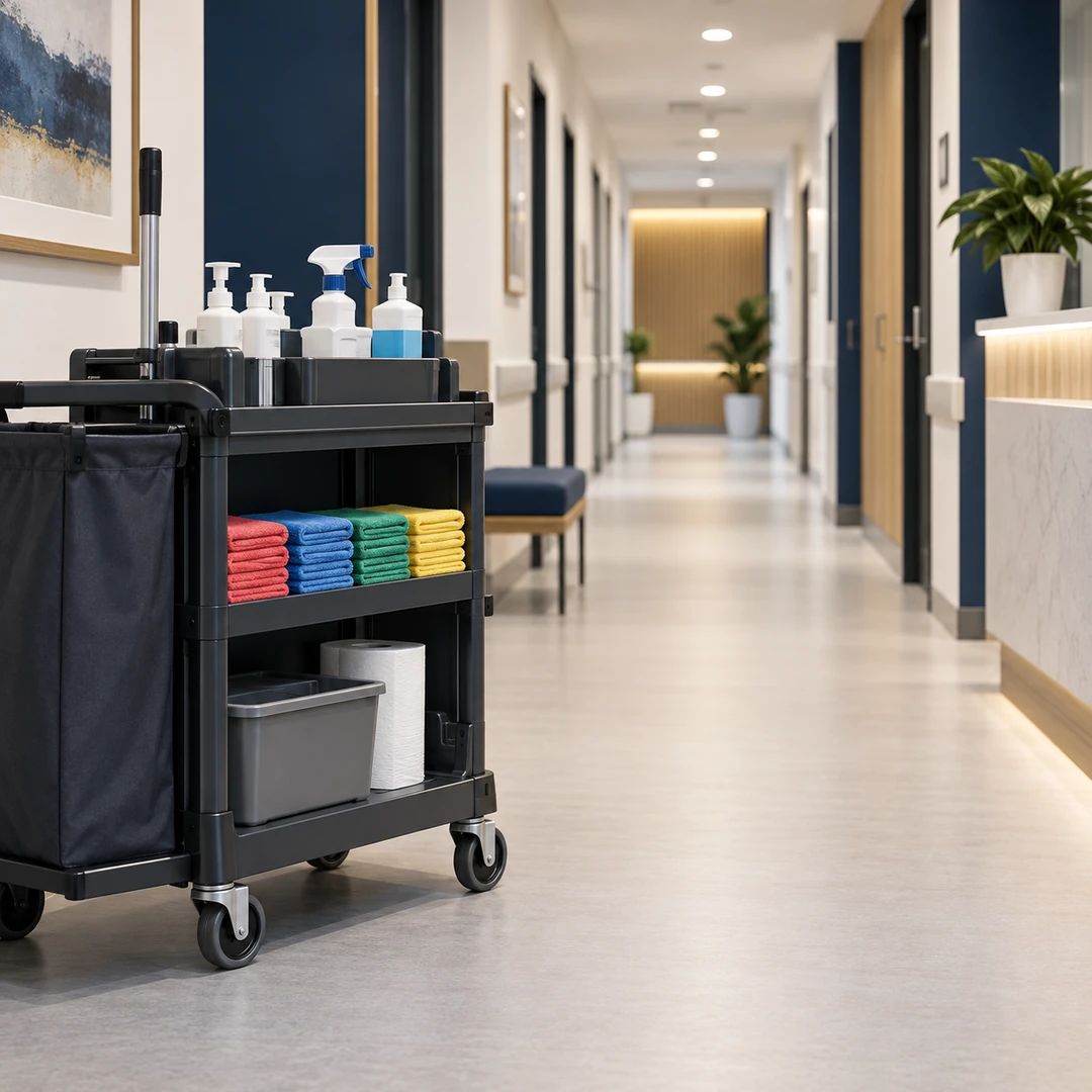 Cleaning trolley with red, yellow, blue and green cloths kept separate by zone