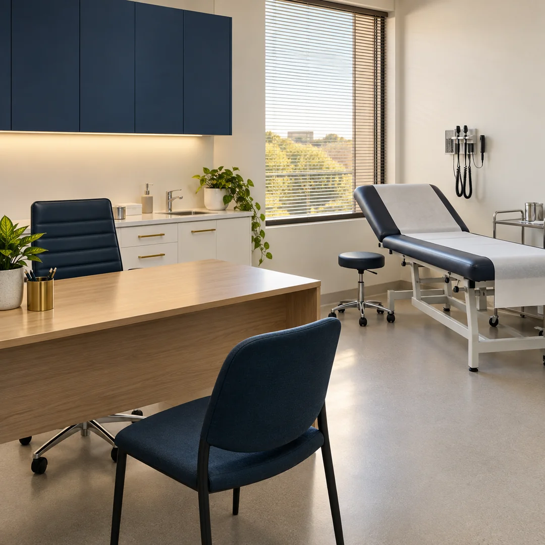 Consult room with a fresh couch roll and wiped desk ready for the first appointment
