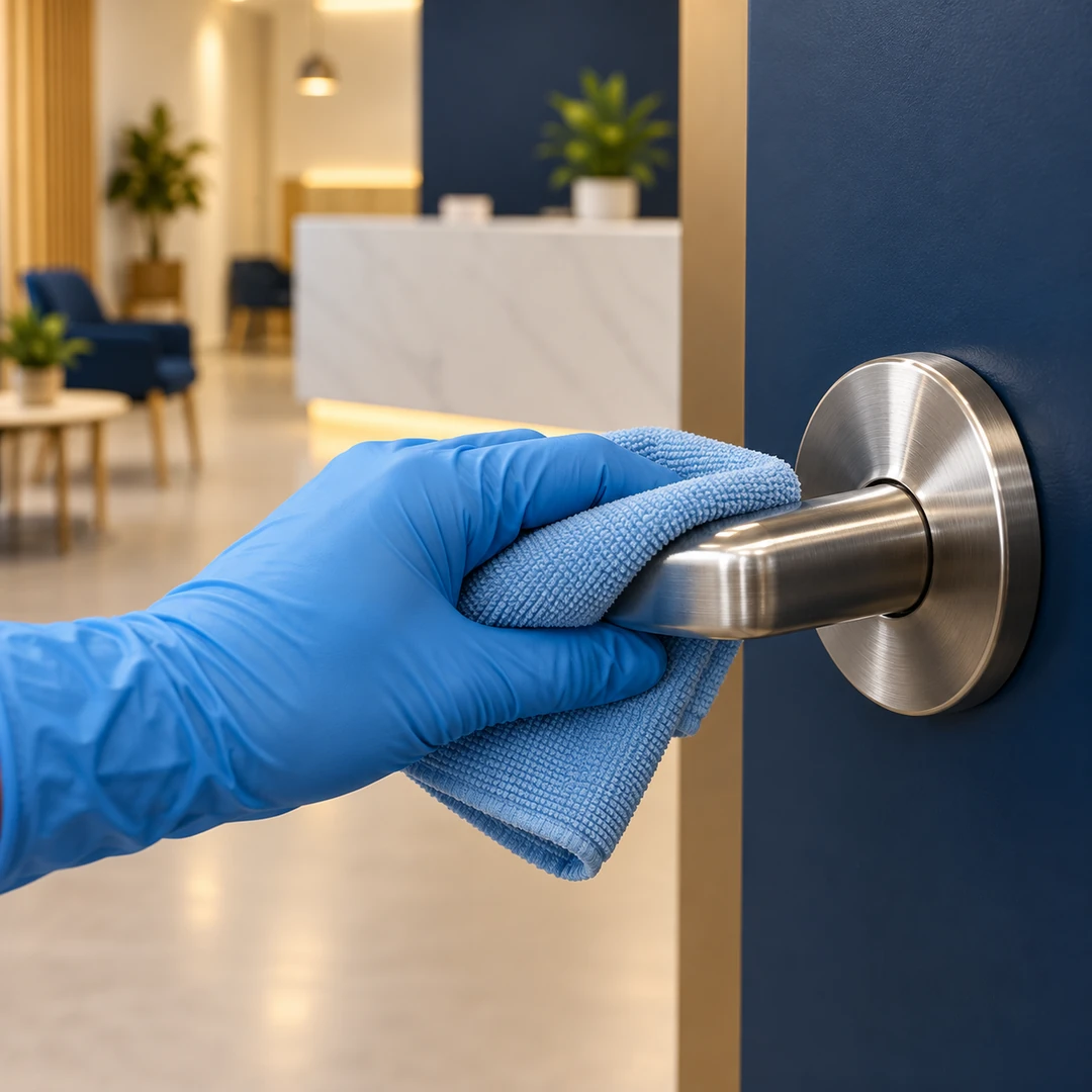 Gloved hand wiping a door handle touchpoint with a blue cloth during a clinic clean