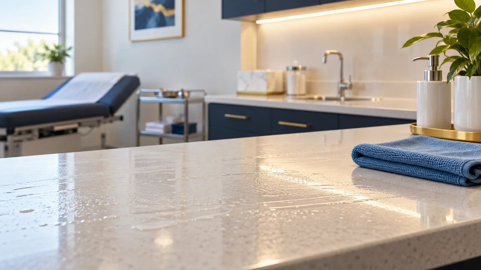 Disinfectant left wet on a clinic bench for its labelled contact time during a deep clean