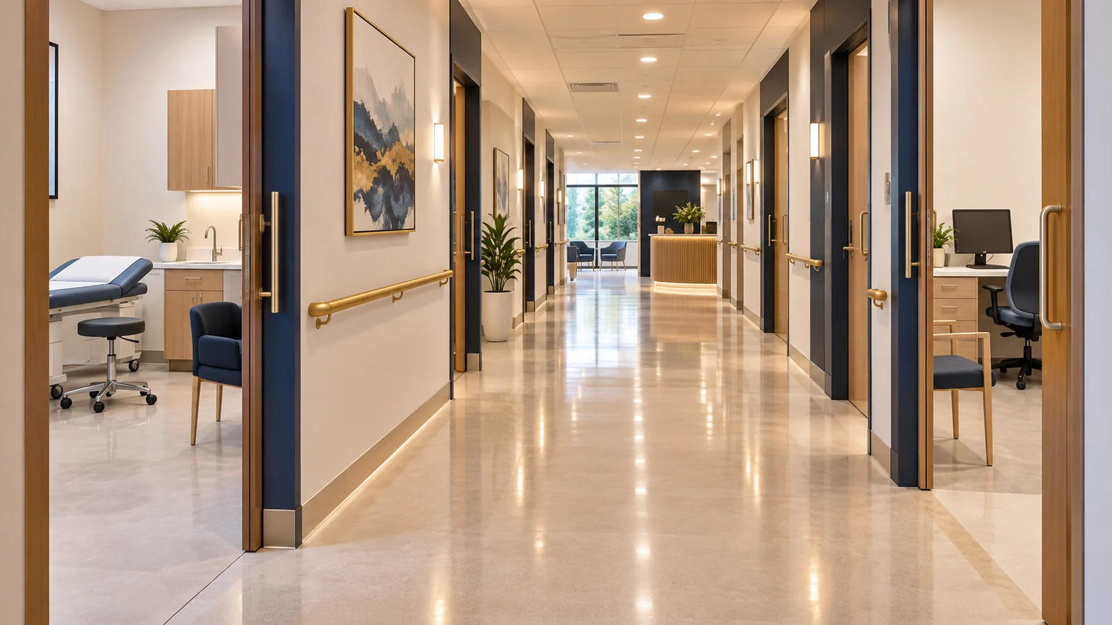 Medical centre corridor with consult room doors after an evening clean