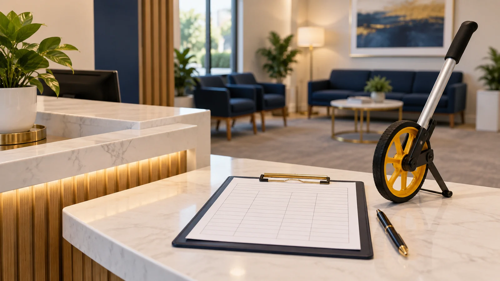 Clipboard and measuring wheel on a reception counter ready for a practice walk-through