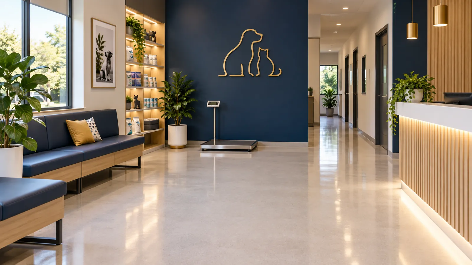 Veterinary clinic waiting area with hard floors and bench seating